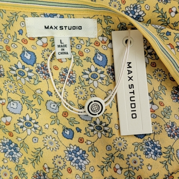 Max Studio Boho Yellow Floral Tie Front Button Down Ruffle Sleeve Blouse L NEW - Picture 11 of 14